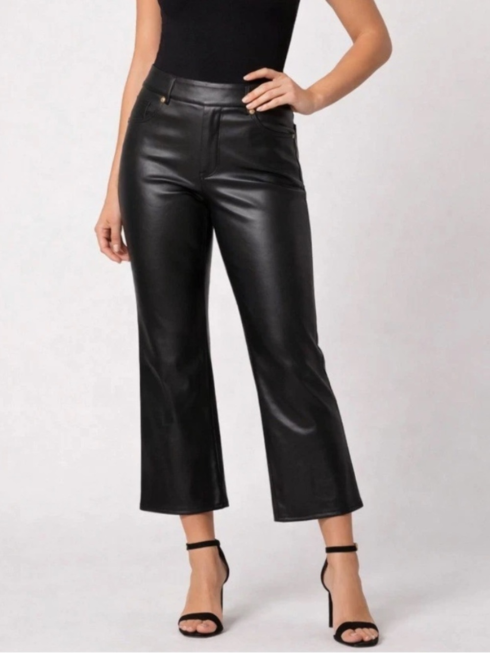 Black Faux Leather Straight-Leg Cropped Pants